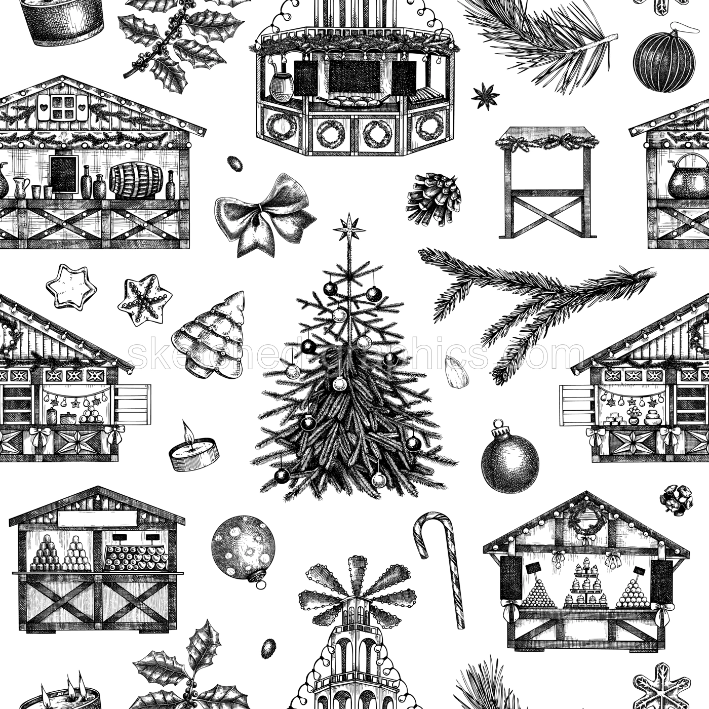 Christmas seamless pattern. Christmas fair background. Hand drawn vector illustration. Winter holiday marketplace. Wooden stall kiosk, Christmas tree, candy shop, decoration, sweets sketches Illustration